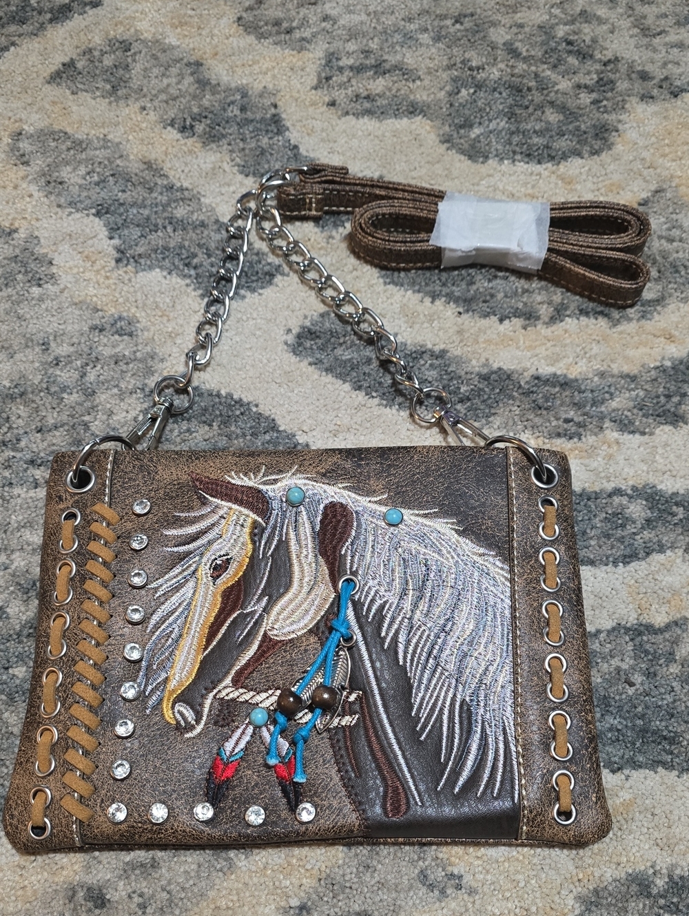 Brown Embroidered Horse Crossbody Bag with Turquoise Accents